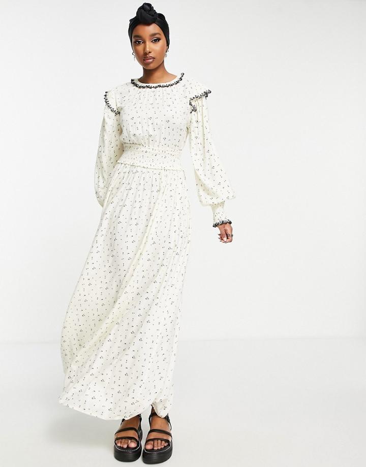 Asos Design Shirred Waist Maxi Ditsy Print Dress With Contrast Stitching In White-multi