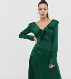 Missguided Satin Frill Detail V Neck Midi Dress In Green - Green