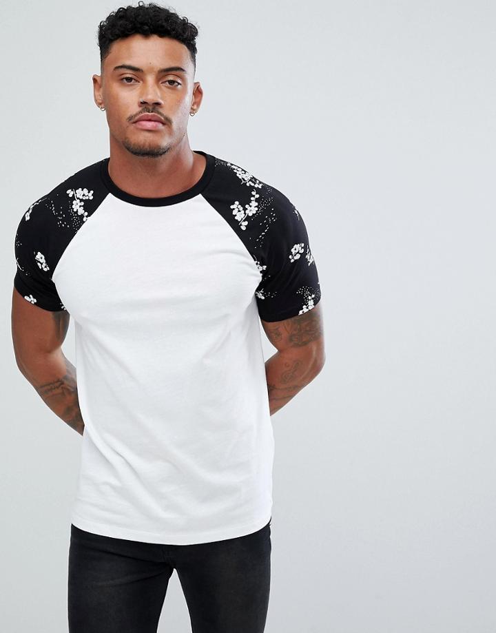 Asos Design T-shirt With Floral Printed Raglan Sleeve - White