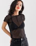 Asos Design Top In Mesh With Cap Sleeve And Seam Detail - Black