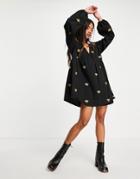 Asos Design V Neck Mini Smock Dress With Gold Bug Embroidery-black