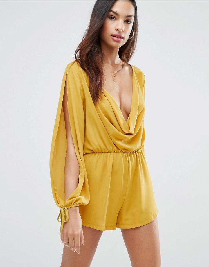 Love Cowl Front Long Sleeve Romper - Yellow