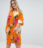 Asos Design Curve Kimono Midi Dress In Bold Floral Jacquard - Multi
