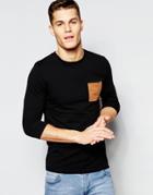 Asos Muscle 3/4 Sleeve T-shirt With Faux Suede Pocket - Black