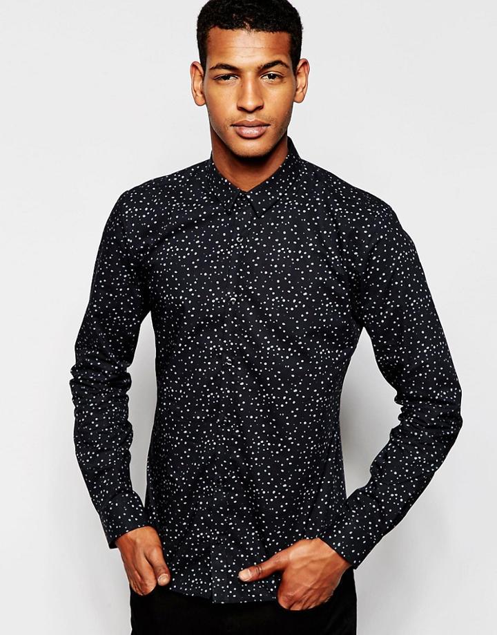 Hugo By Hugo Boss Smart Shirt With All Over Print Slim Fit - Black