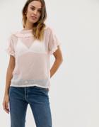 Naf Naf Romantic Laced Woven Top With Ruffle Details - Pink