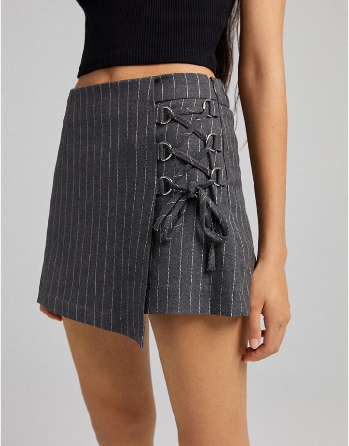 Bershka Ring Detail Pinstripe Mini Skort In Gray-grey