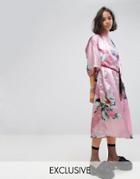 Reclaimed Vintage Inspired Kimono In Printed Satin With Rope Belt - Pink