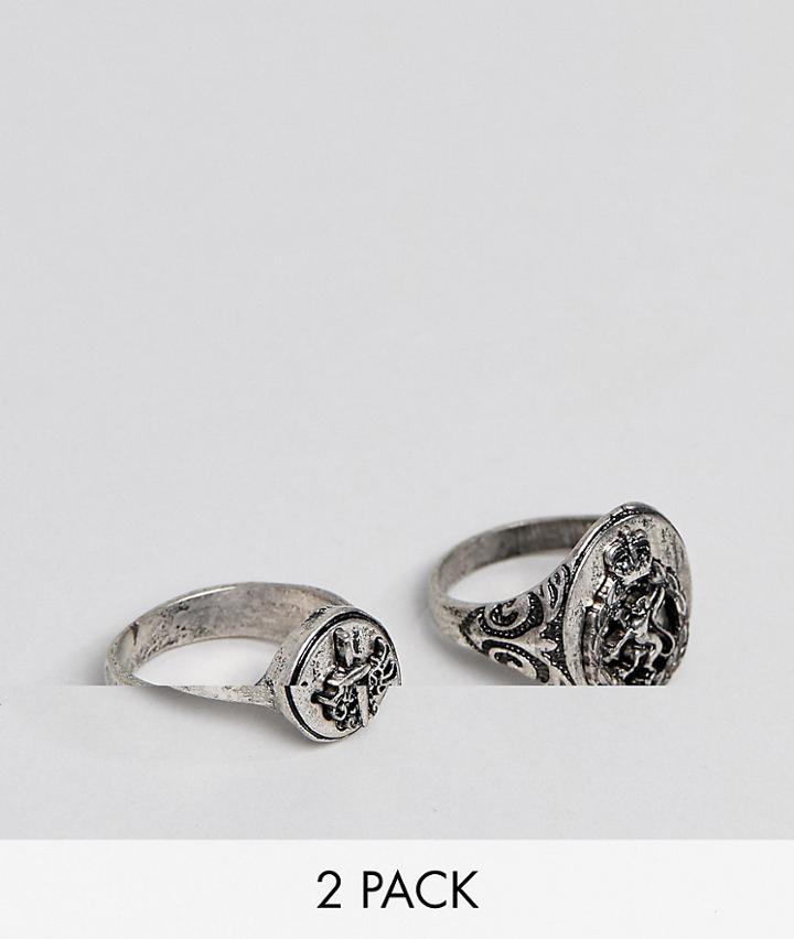 Asos Design Signet Ring Pack With Crest And Lion In Silver Tone - Silver