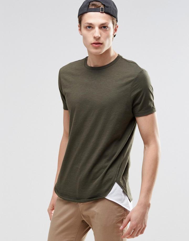 Asos Super Longline T-shirt With Contrast Hem Extender In Green And White - Green