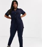 Pink Clove Tie Waist Boilersuit With Cargo Pocket In Navy