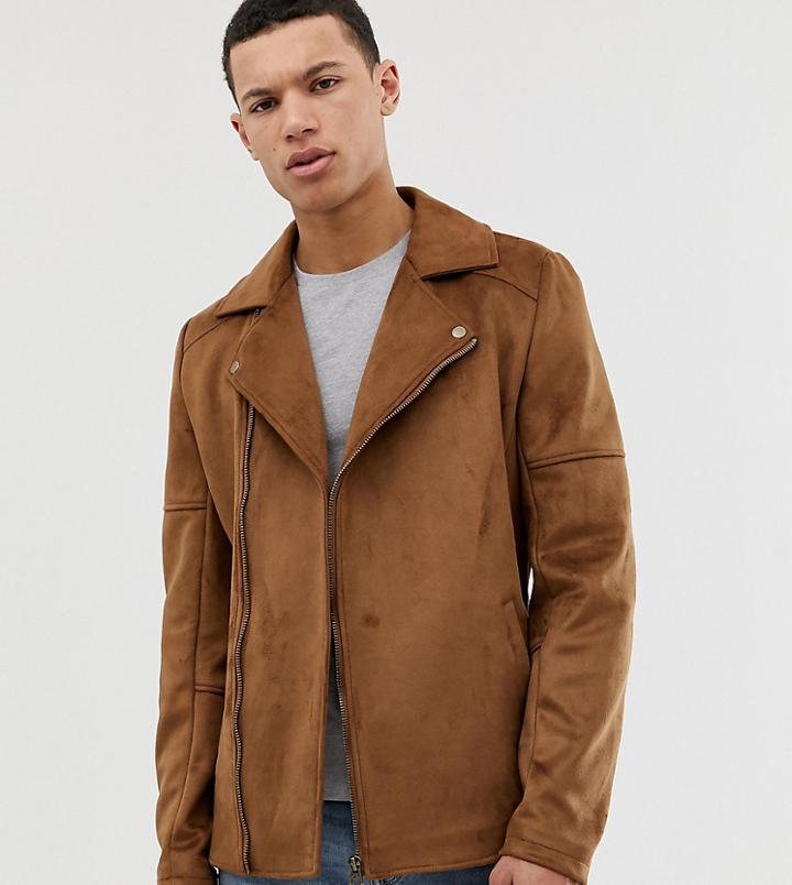Asos Design Tall Faux Suede Biker Jacket In Tan