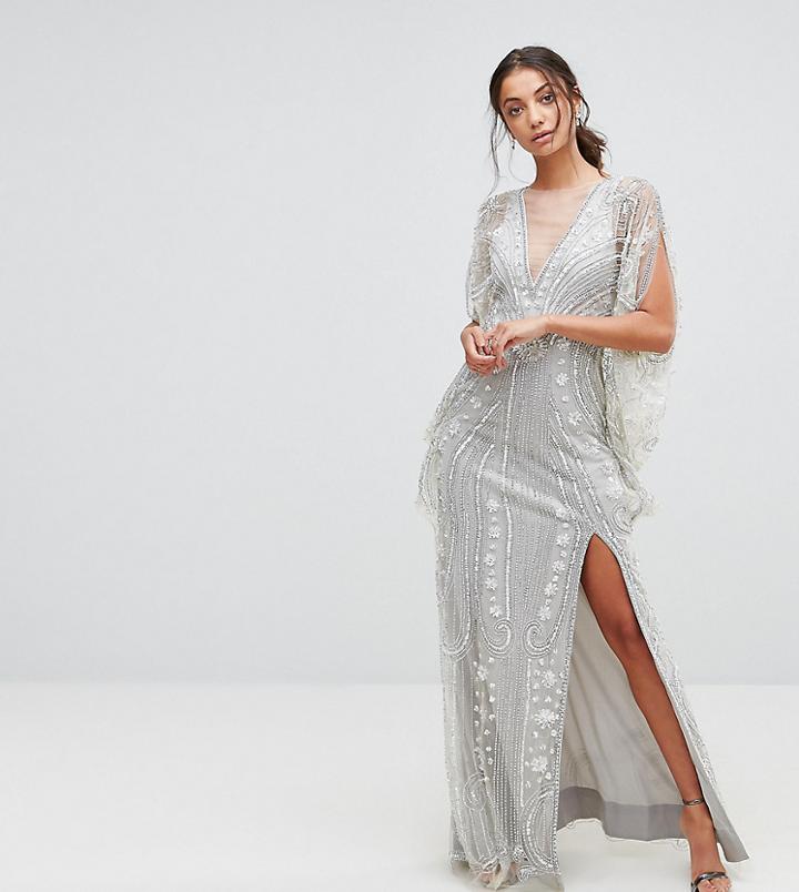 A Star Is Born Tall Embellished Maxi Dress With Cape Sleeves - Silver