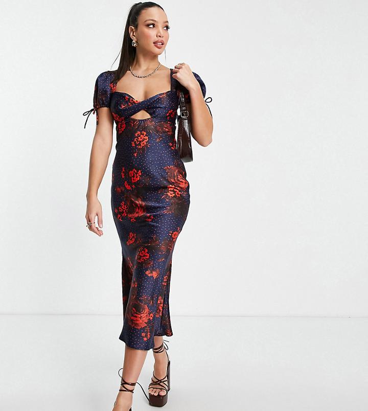 Asos Design Tall Satin Midi Tea Dress With Twist Front In Spot And Floral Print-multi