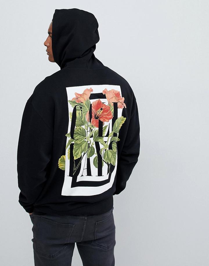 Asos Design Oversized Hoodie With Floral Back Print In Black - Black