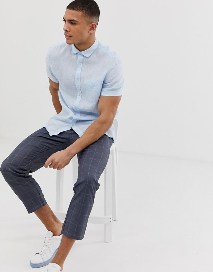 Celio Short Sleeve Linen Shirt In Blue - Blue