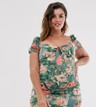 In The Style X Fashion Influx Plus Puff Sleeved Tie Front Mini Dress In Green Floral-multi