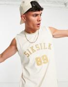 Siksilk Basketball Tank Top In Beige With Pinstripe And Varsity Print - Part Of A Set-white