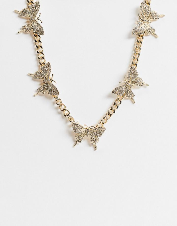 Asos Design Necklace With Crystal Butterflies In Gold Tone