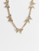 Asos Design Necklace With Crystal Butterflies In Gold Tone