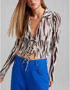 Bershka Sheer Crinkle Tie Front 90s Top In Zebra-multi