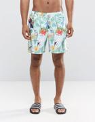 Asos Swim Shorts With Tropical Bird Print In Mid Length - Green