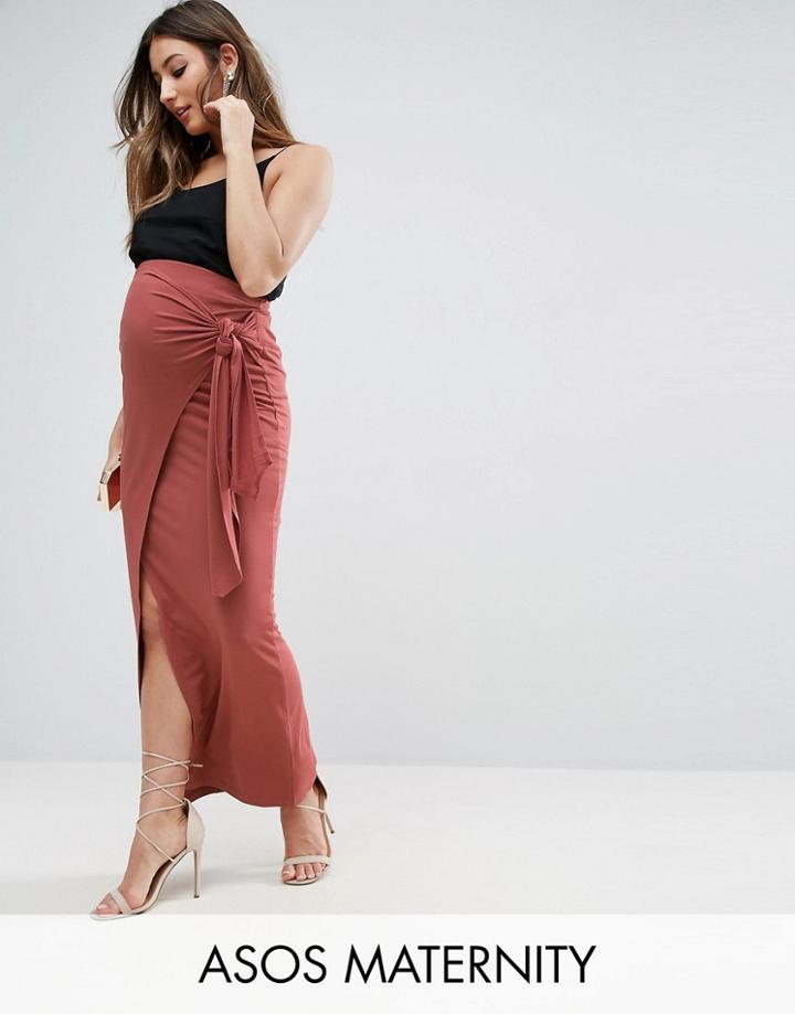 Asos Maternity Over The Bump Maxi Skirt With Twist Knot - Pink