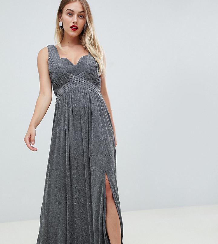 Little Mistress Petite Metallic Jersey Maxi Dress With Wrap Detail-silver
