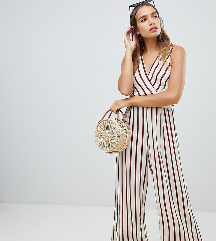New Look Stripe V Neck Button Jumpsuit-brown