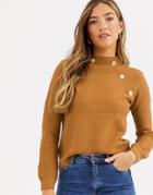 River Island Turtleneck Sweater With Gold Buttons In Toffee