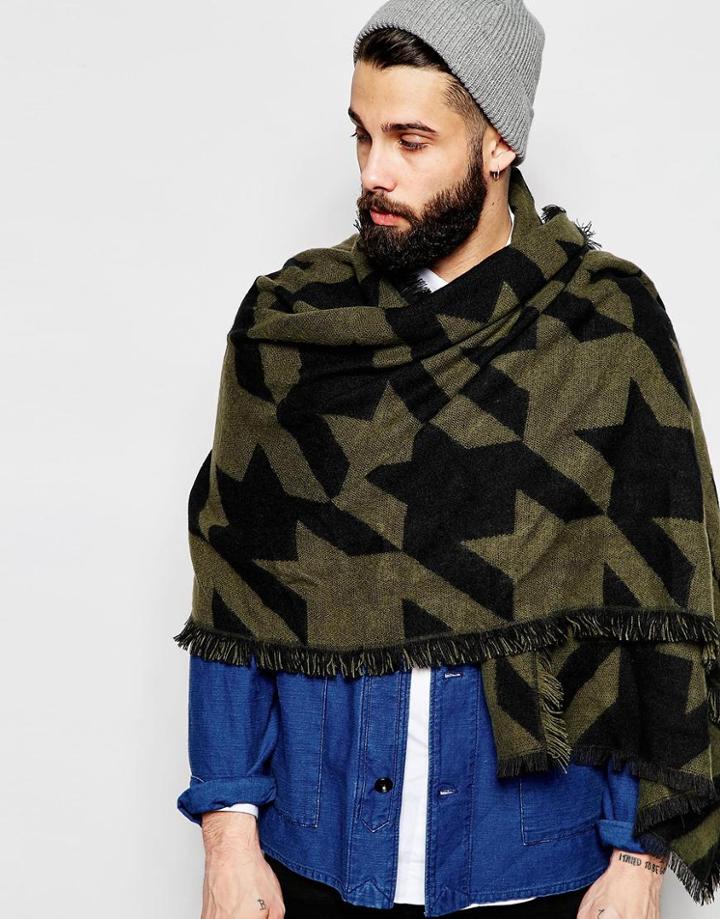 Asos Blanket Scarf In Oversized Houndstooth In Black And Khaki - Black