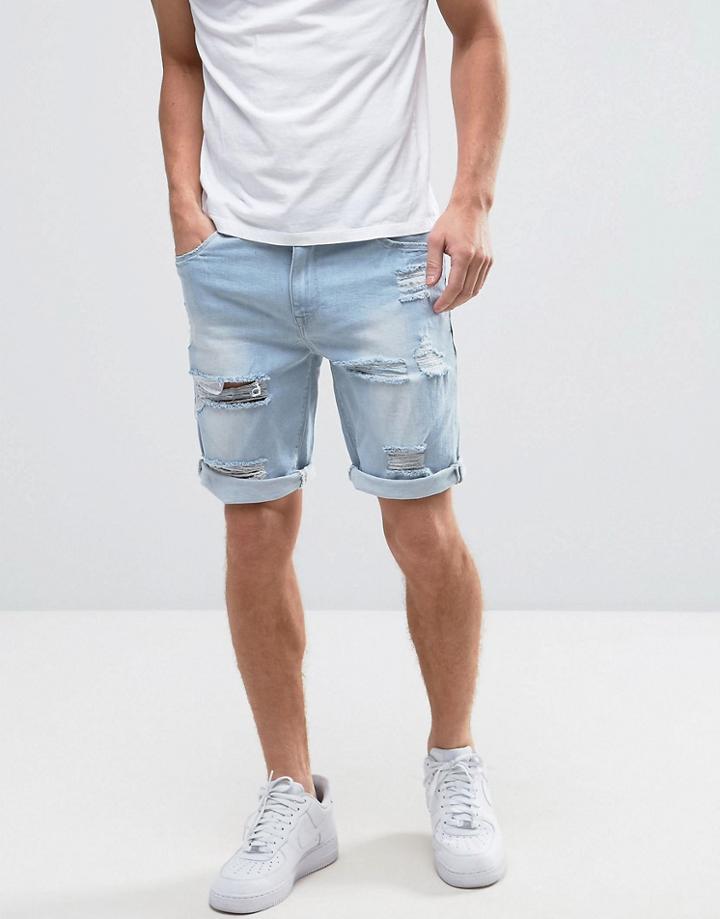 Asos Denim Shorts In Skinny Light Blue With Mega Rips - Blue