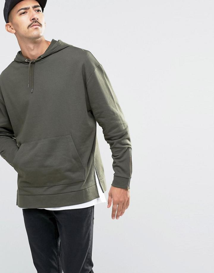 Asos Oversized Hoodie With Cuff Zips & Hem Splits - Forest Nights