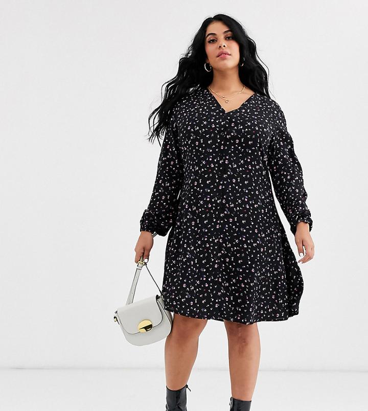Daisy Street Plus Long Sleeve Tea Dress In Vintage Ditsy Floral