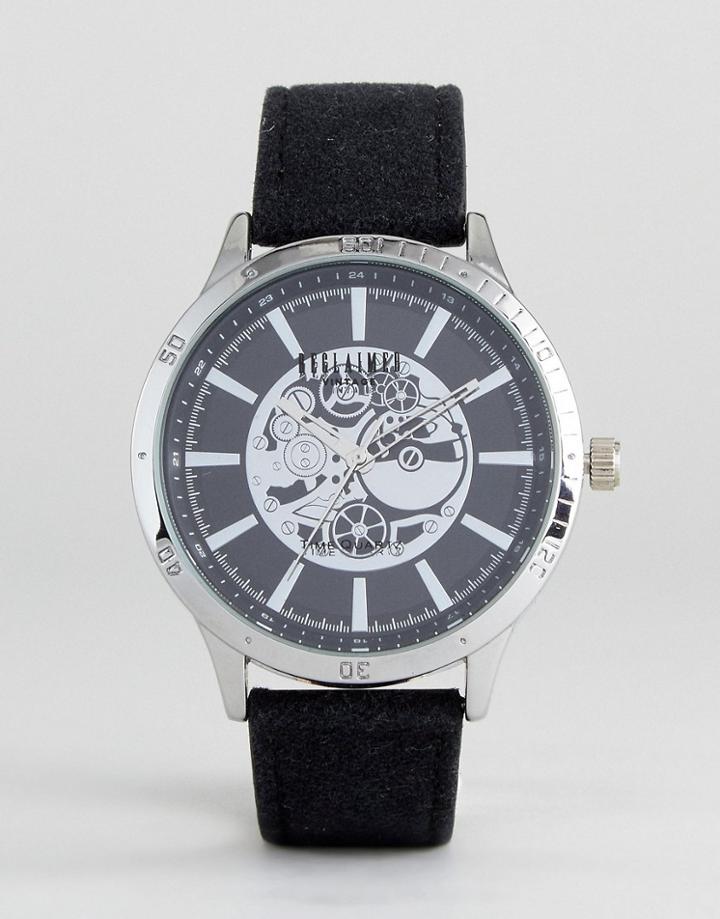 Reclaimed Vintage Inspired Exposed Mechanics Leather Watch In Black - Black