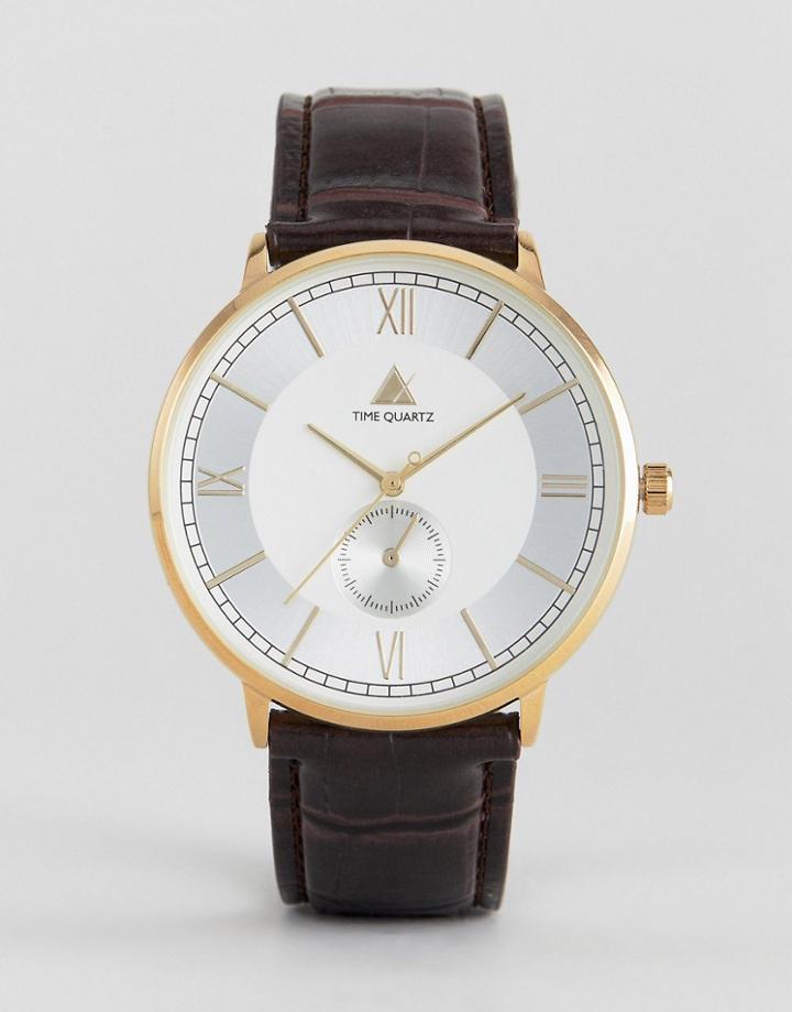 Asos Watch With Brown Faux Crocodile Strap And Roman Numerals - Brown