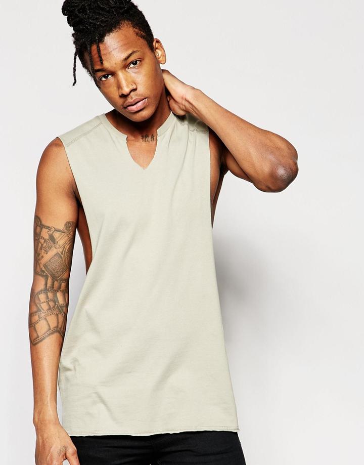 Asos Longline Sleeveless T-shirt With Notch Neck And Extreme Drop Armhole - Stone