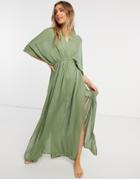 Asos Design Drape Maxi Beach Dress In Khaki-green