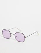 Asos Design Hexagon Sunglasses With Purple Lens In Gunmetal - Charcoal-gray