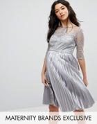 Chi Chi London Maternity Lace Embroidered Bodice Dress With Pleated Skirt - Gray