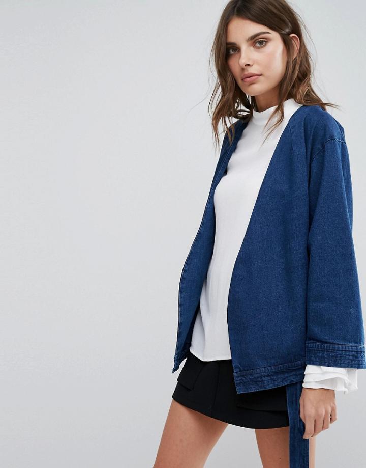 Neon Rose Belted Denim Jacket - Blue
