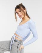 Bershka V-neck Wrap Tie Detail Crop Top In Baby Blue-blues