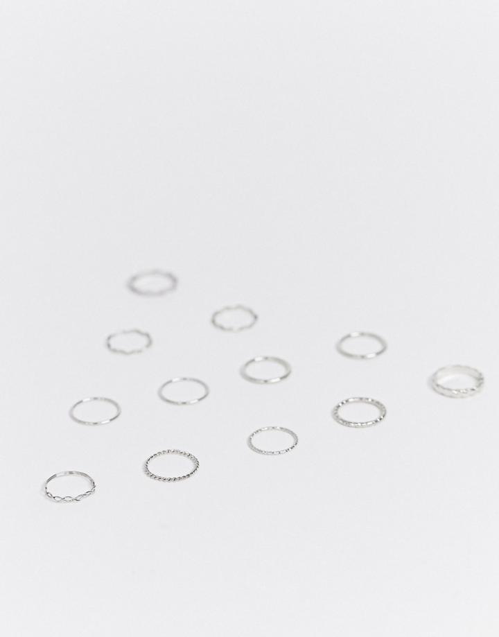 Asos Design Pack Of 12 Rings In Mixed Texture And Twist Designs In Silver Tone
