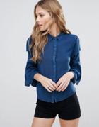 Influence Chambray Shirt With Ruffle Sleeve - Blue