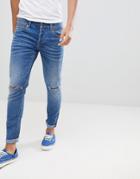 Only & Sons Skinny Jeans In Washed Denim With Knee Rip - Blue