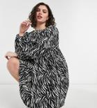 Asos Design Curve Mini Textured Smock Dress With Long Sleeves In Zebra Print-multi