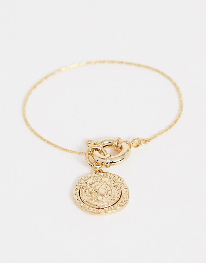 Asos Design Bracelet With Vintage Style Worn Coin And Clasp In Gold Tone - Gold