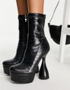 Simmi London Flare Heel Platform Boots In Black Croc