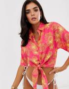 Asos Design Sketchy Floral Hawaiian Print Tie Front Beach Shirt-multi