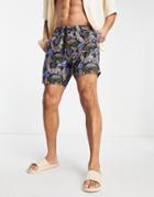 Asos Design Swim Shorts With Leaf Print Mid Length-black
